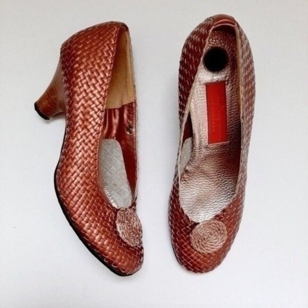 HESTER VAN EEGHEN Metallic Pink Woven Leather Copper Pumps Luxe Heels Sz 8.5